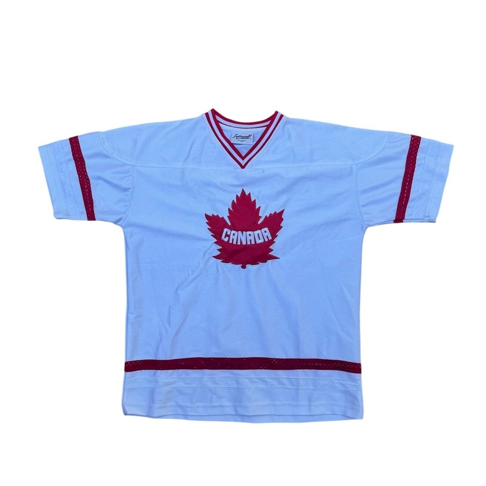 Impressions Canada White Jersey Maple Leaf Red Trim V-Neck Size M